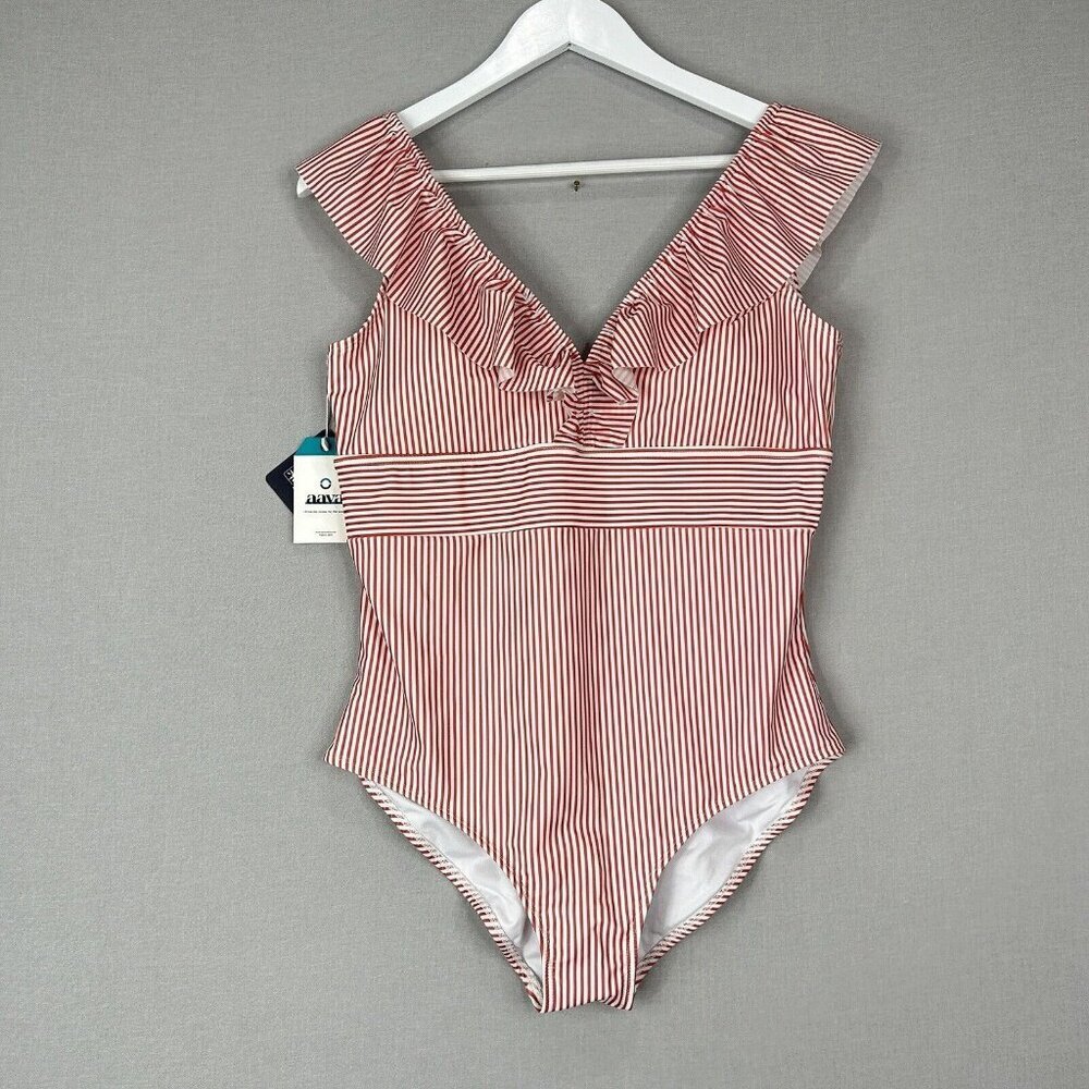 Aava‎ Womens Swimwear Extra Large Red Ocean Retro Stripe One Piece Ruffle 4th